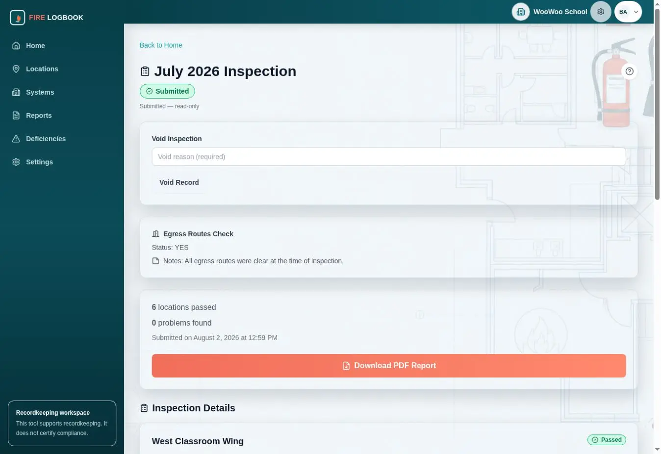 NiktaFire submitted monthly inspection record with egress notes and location-based results
