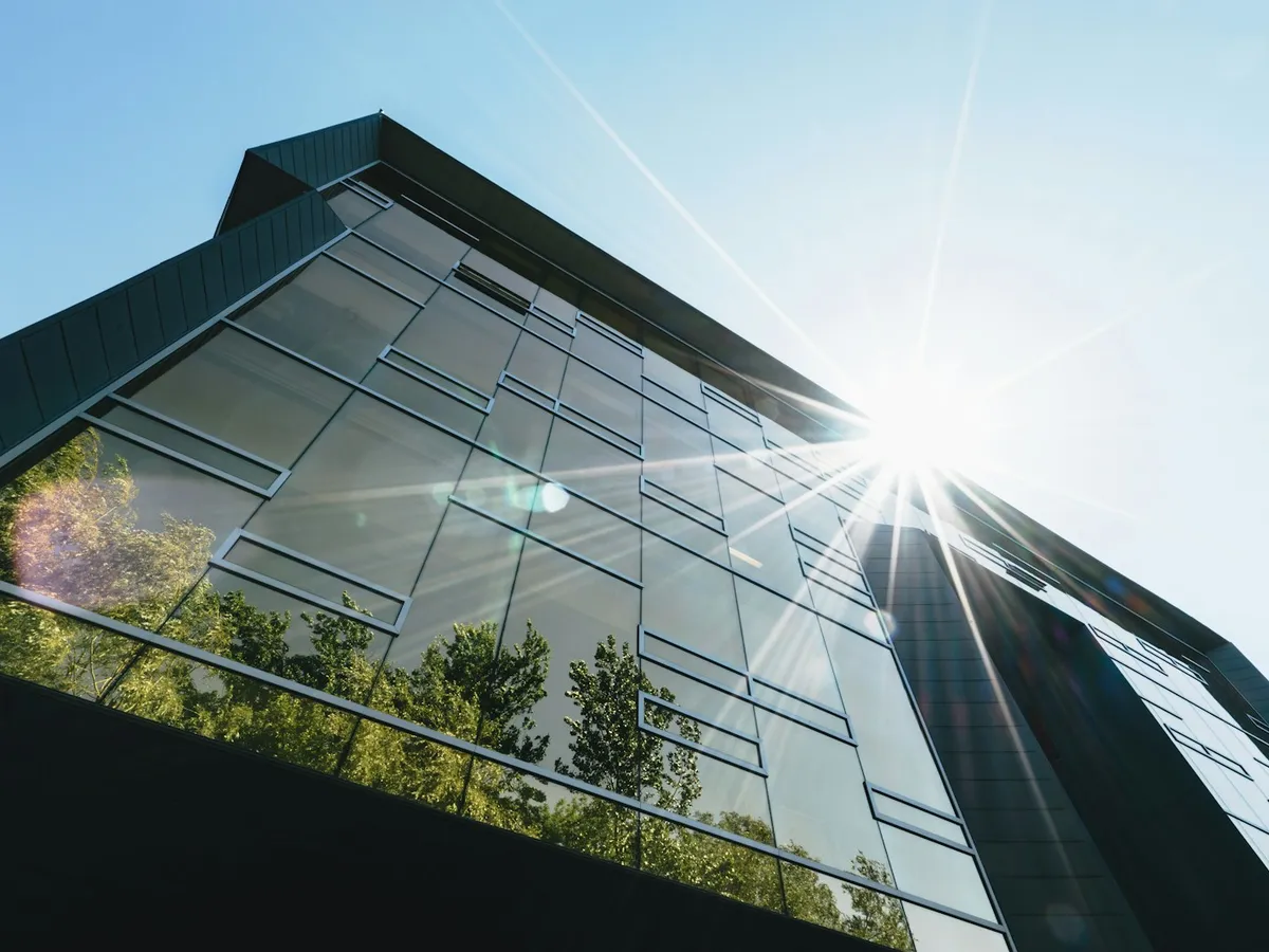 Modern commercial building exterior with glass facade