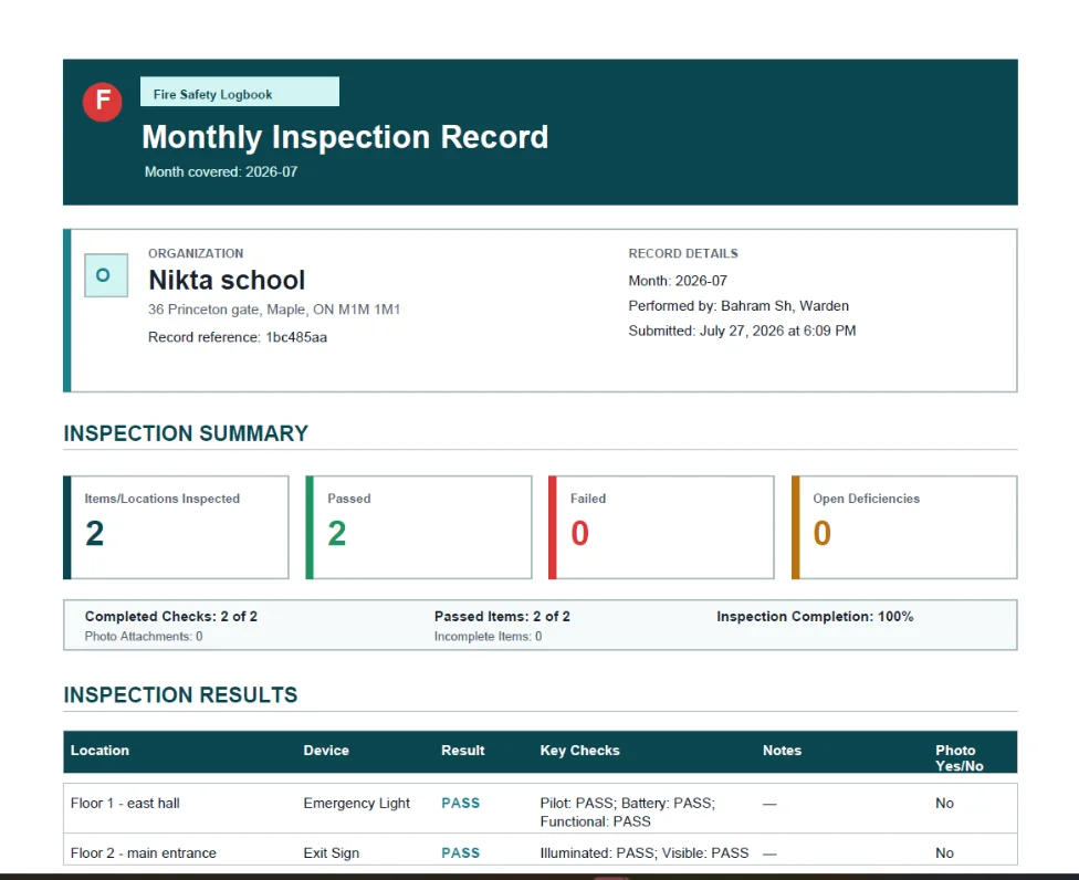 Fire Logbook inspection record preview